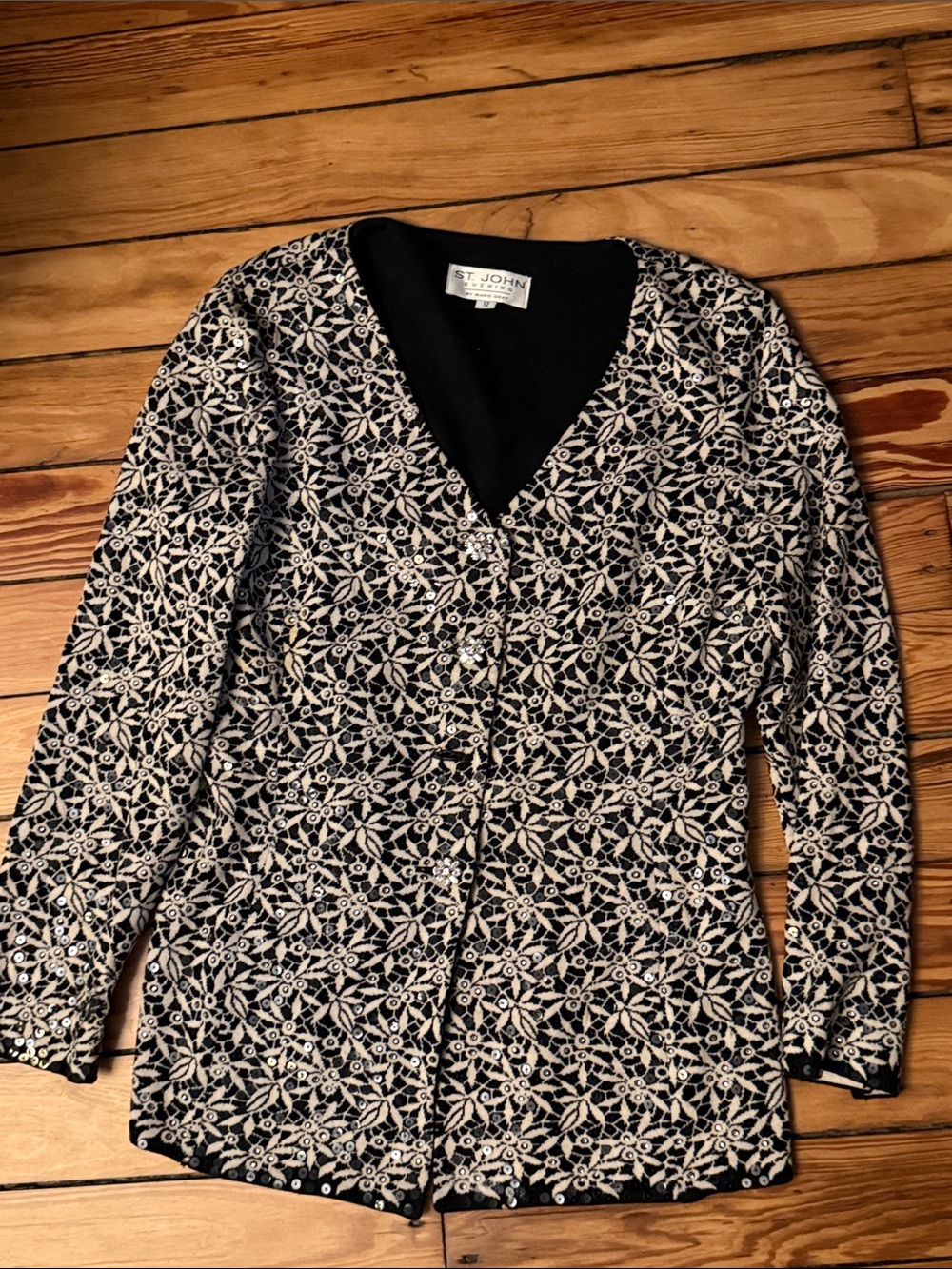 St. John Collection Black & Cream Embroidered Sequin Knit Blazer Knit